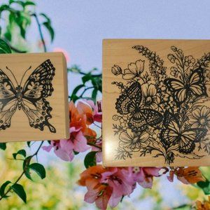 X2 PSX Designs BUTTERFLY Rubber Stamp 1995 & 1992 K-1377 & G-055 Wood